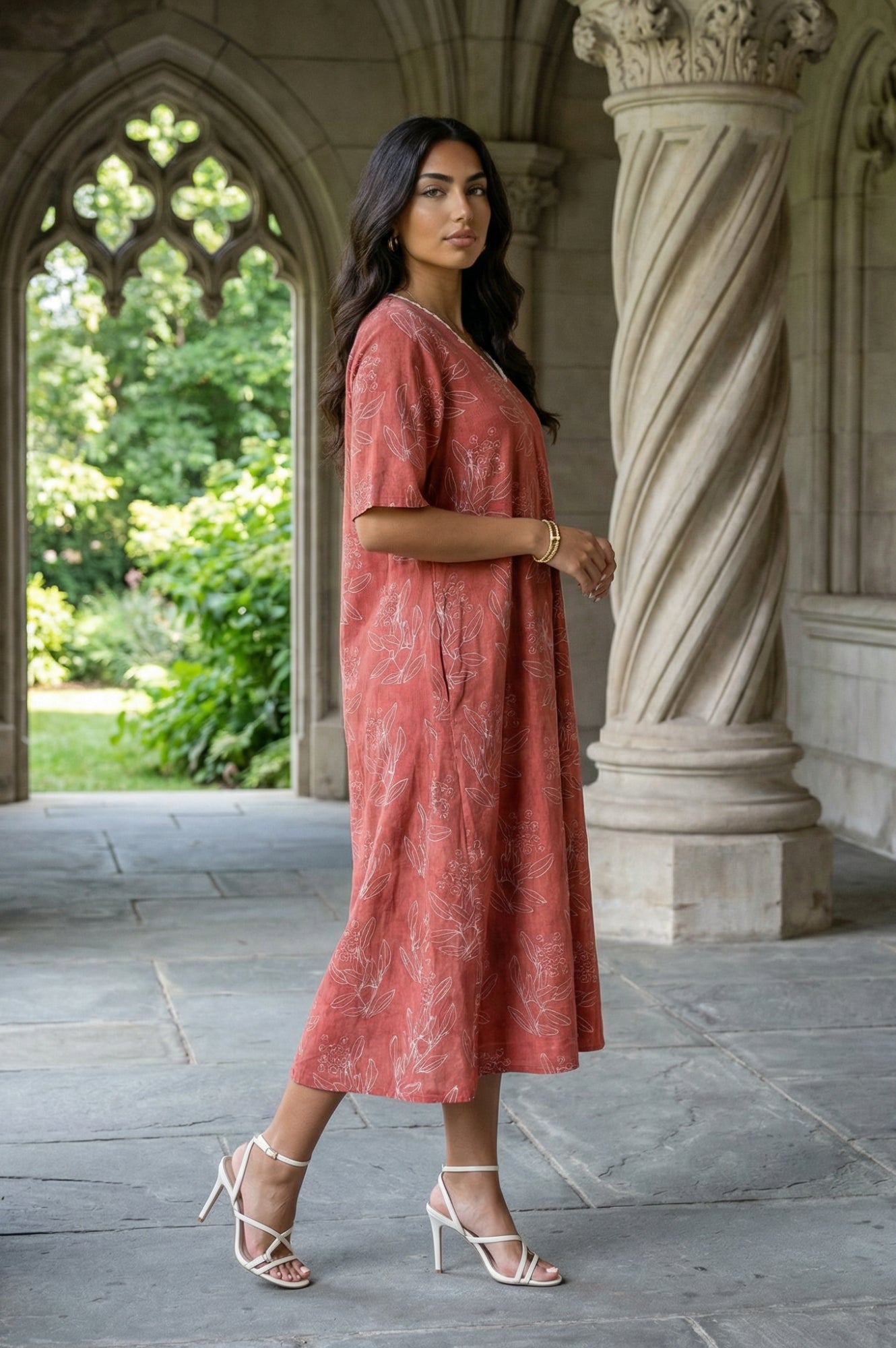 Rust Floral Printed Rayon A-line Dress