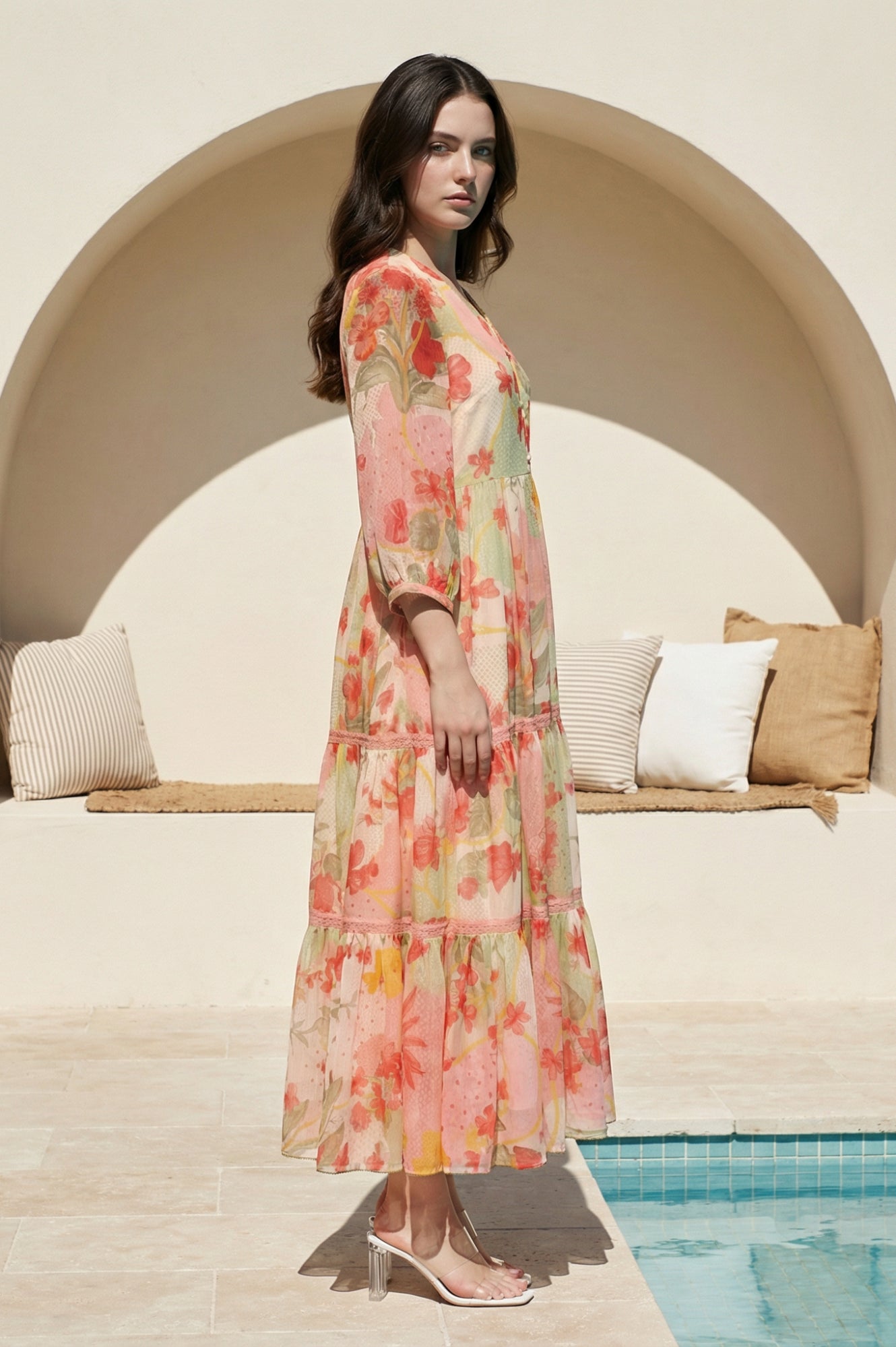 Pink Floral Printed Tiered Dress