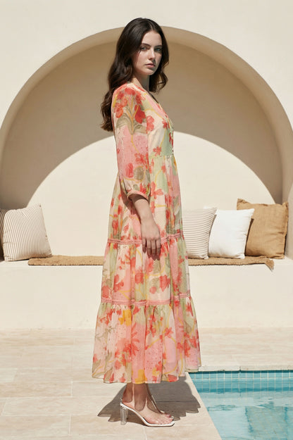 Pink Floral Printed Tiered Dress