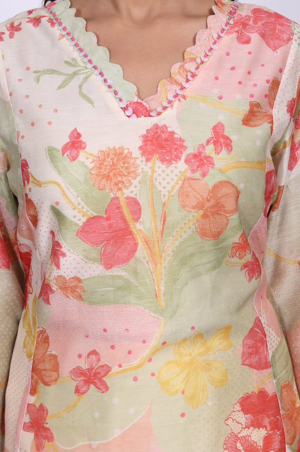 Cream Floral Printed Beadwork Straight Kurta