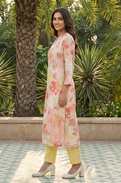 Cream Floral Printed Beadwork Straight Kurta
