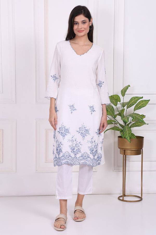 White Floral Printed Thread Embroidered Rayon Straight Kurta