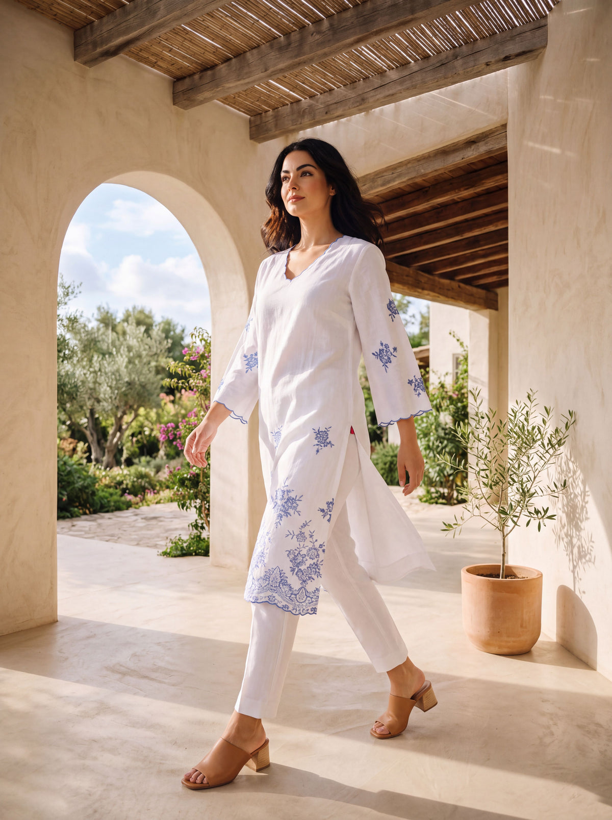 White Floral Embroidered Straight Cotton Kurta