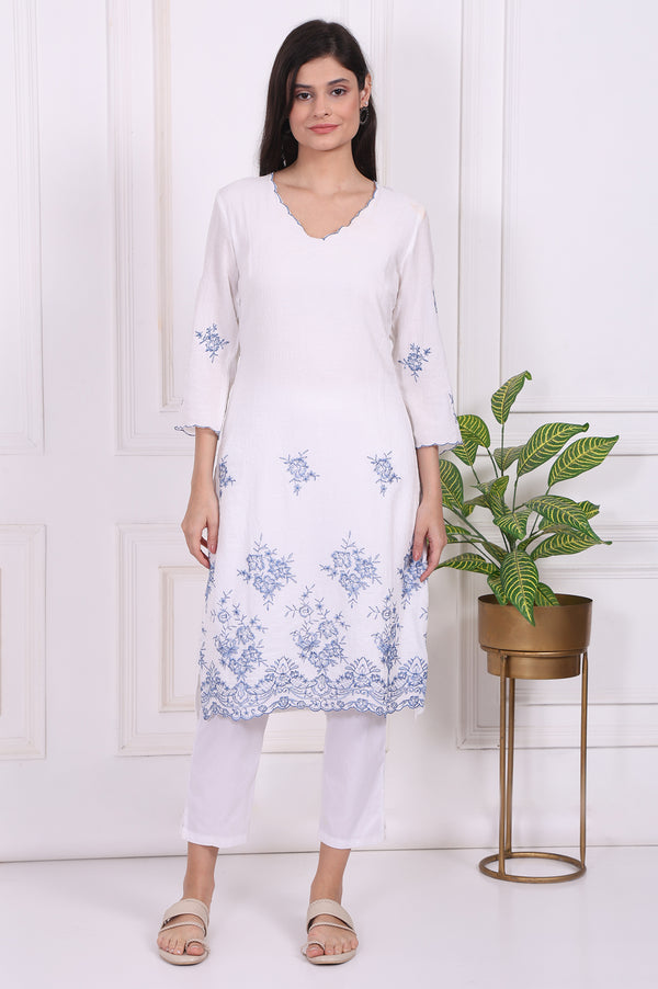 White Floral Printed Thread Embroidered Rayon Straight Kurta