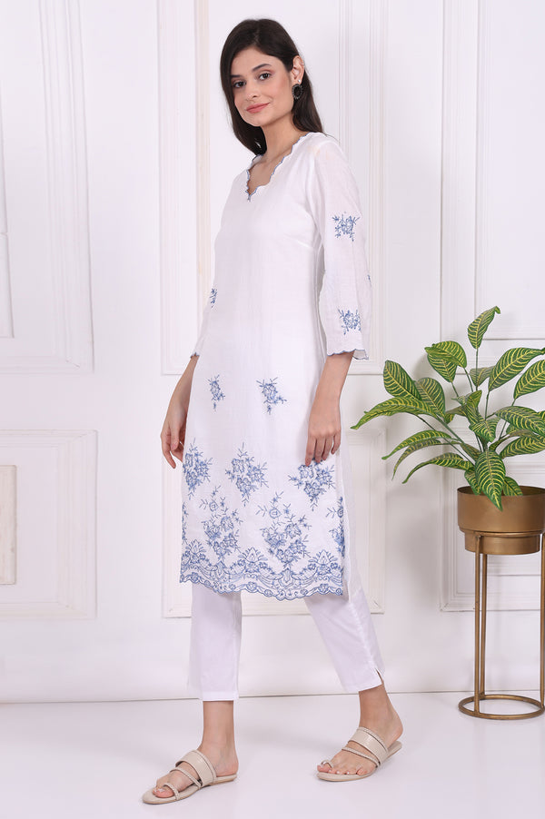 White Floral Printed Thread Embroidered Rayon Straight Kurta