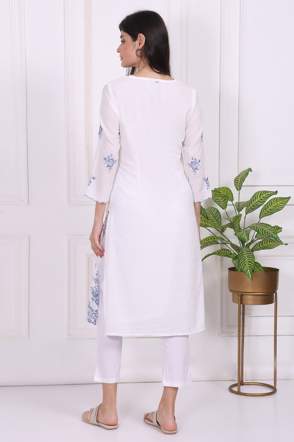 White Floral Printed Thread Embroidered Rayon Straight Kurta