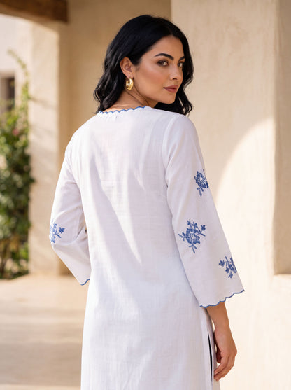 White Floral Embroidered Straight Cotton Kurta