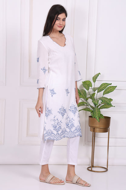 White Floral Printed Thread Embroidered Rayon Straight Kurta