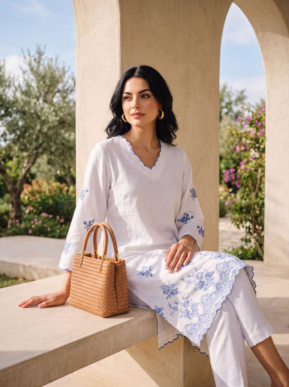 White Floral Embroidered Straight Cotton Kurta
