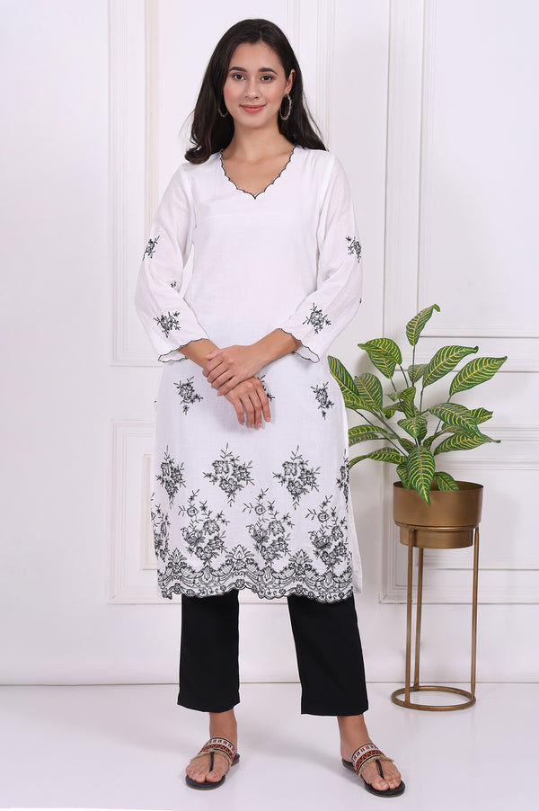 White Floral Printed Thread Embroidered Rayon Straight Kurta