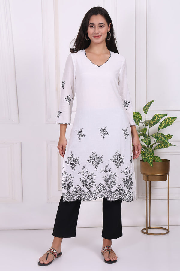 White Floral Printed Thread Embroidered Rayon Straight Kurta