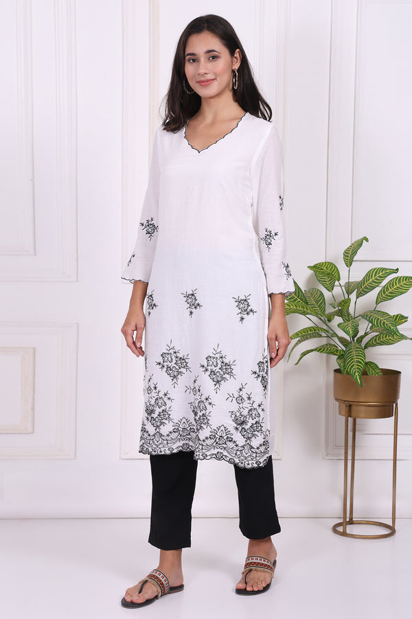 White Floral Printed Thread Embroidered Rayon Straight Kurta