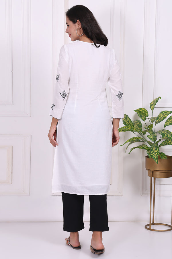 White Floral Printed Thread Embroidered Rayon Straight Kurta