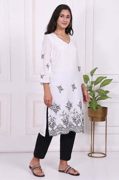 White Floral Printed Thread Embroidered Rayon Straight Kurta
