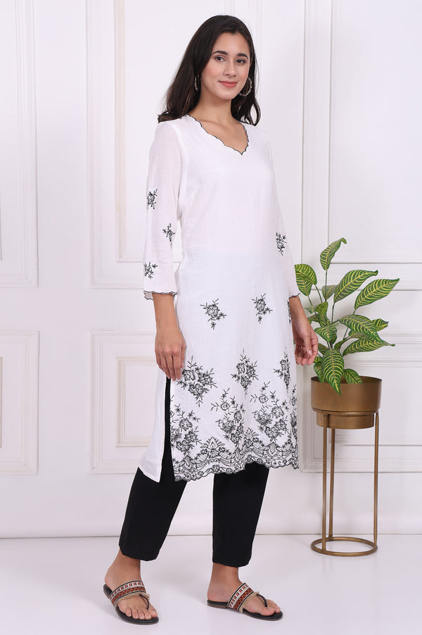White Floral Printed Thread Embroidered Rayon Straight Kurta