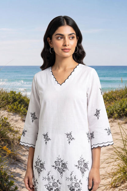 White Embroidered Cotton Rayon Straight Kurta