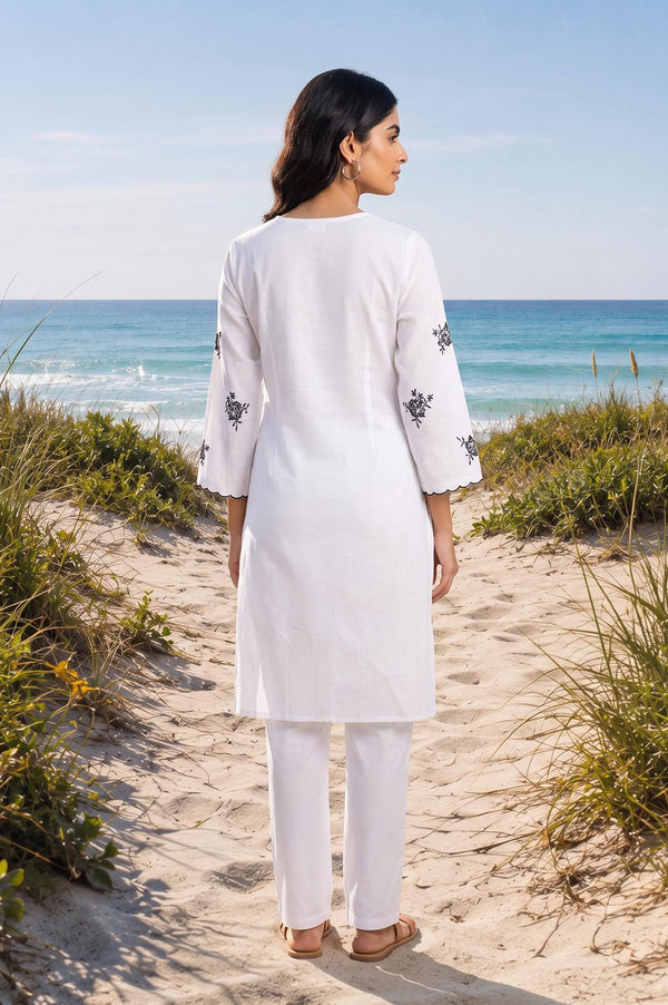 White Embroidered Cotton Rayon Straight Kurta