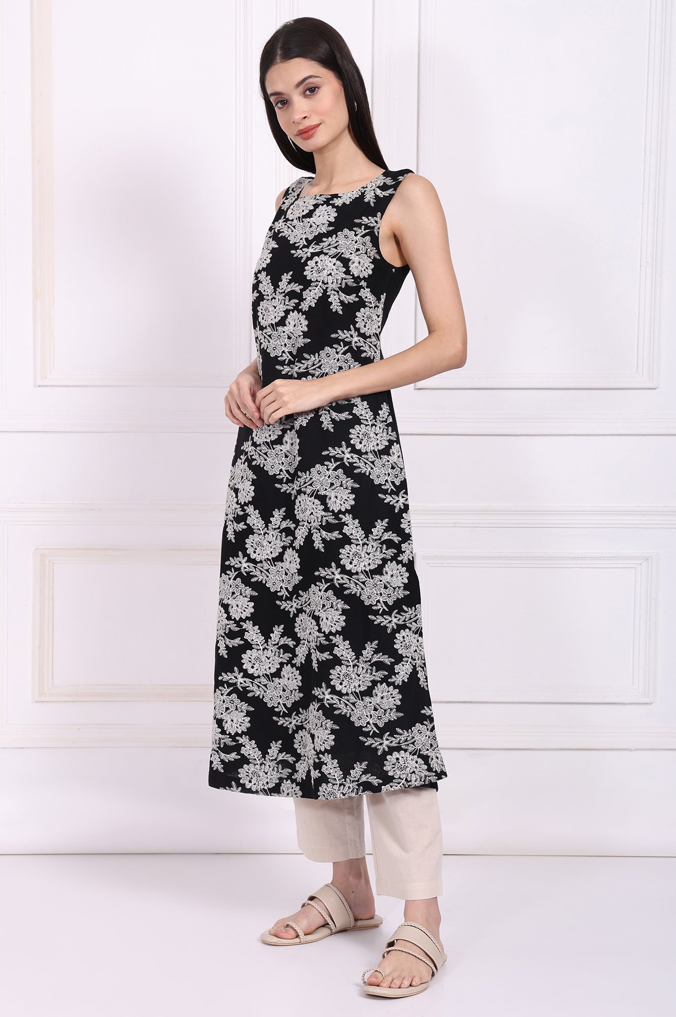 Black Embroidered A-Line Rayon Dress