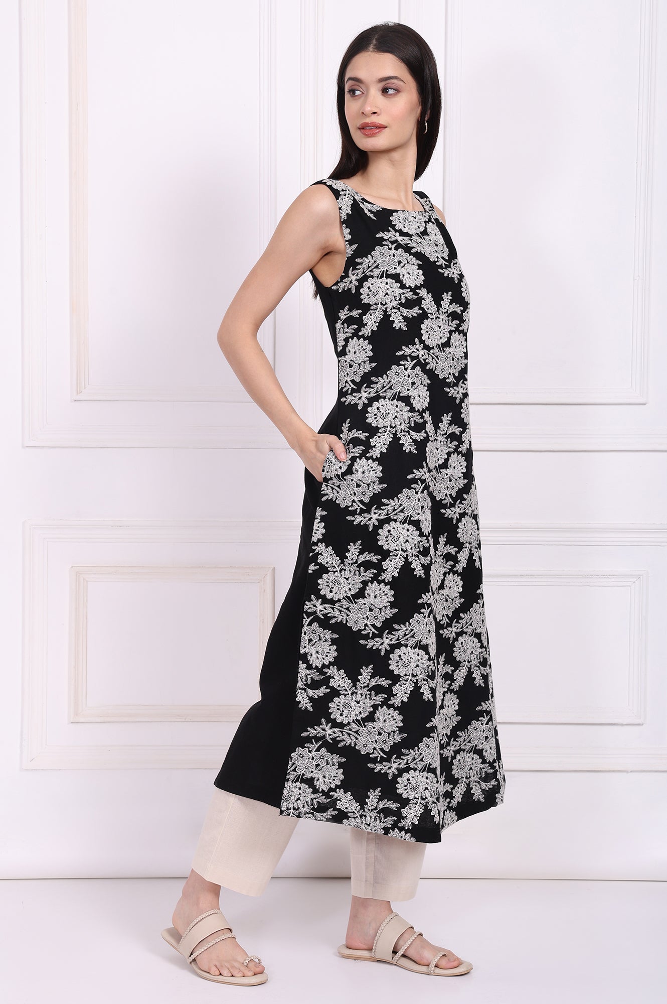 Black Embroidered A-Line Rayon Dress