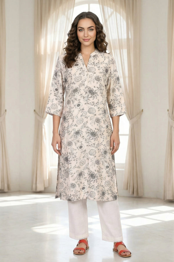 Off-White Floral Printed Straight Kurta