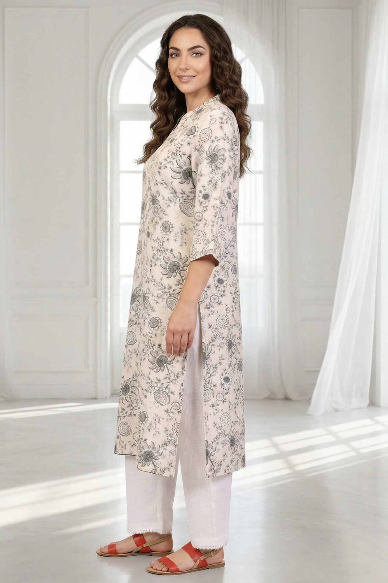 Off-White Floral Printed Straight Kurta