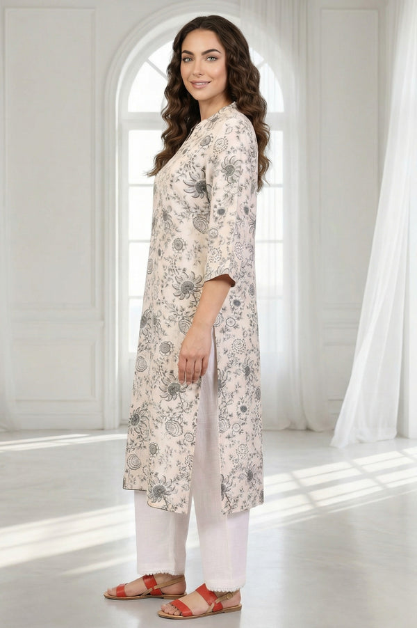 Off-White Floral Printed Straight Kurta