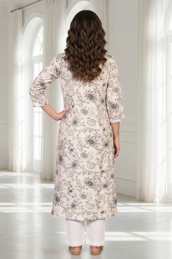 Off-White Floral Printed Straight Kurta