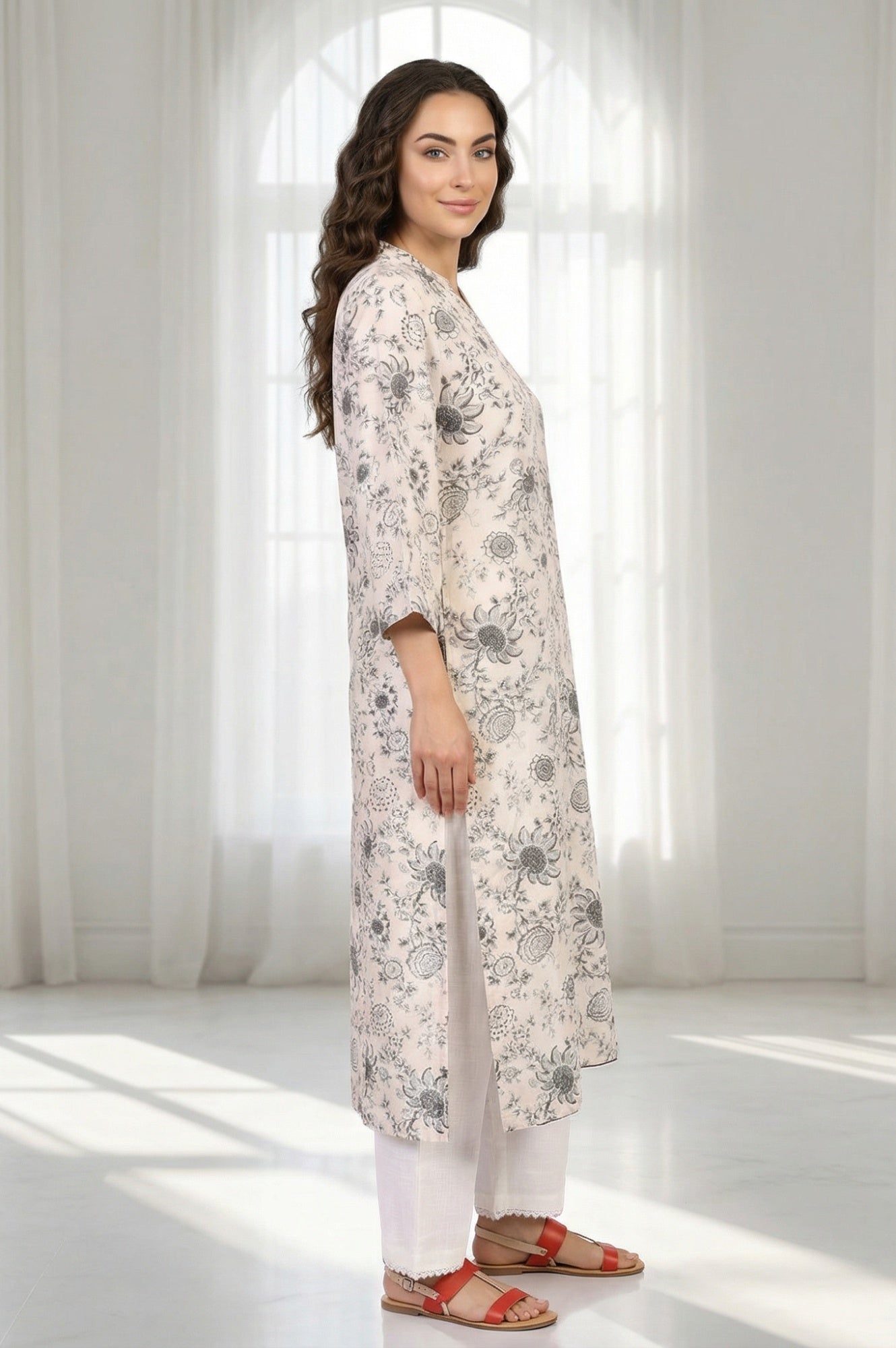 Off-White Floral Printed Straight Kurta