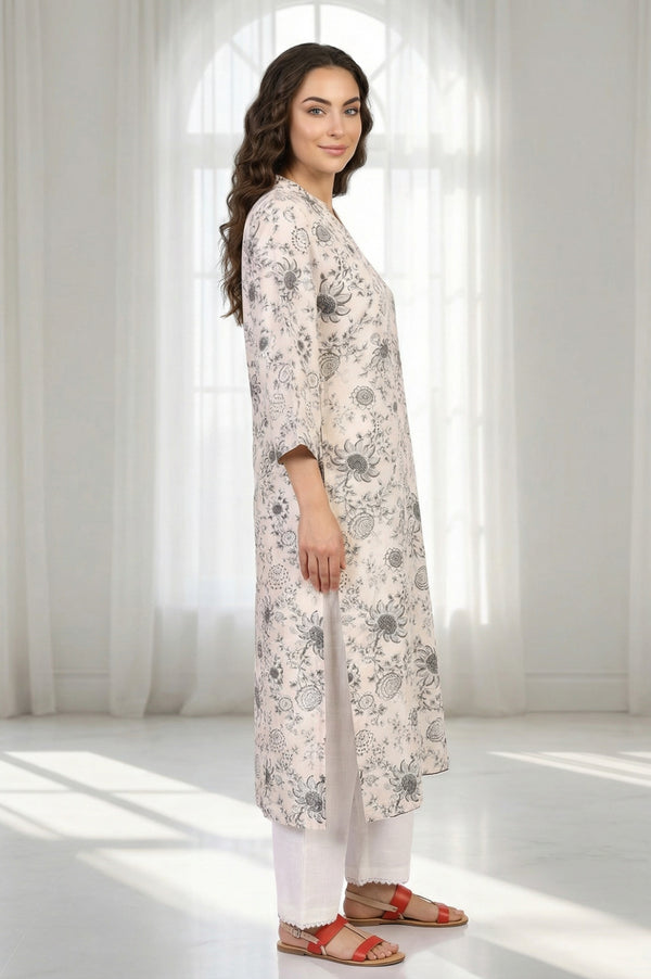 Off-White Floral Printed Straight Kurta