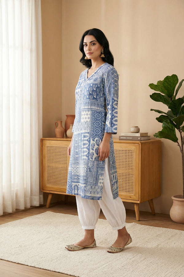 Blue Ethnic Motifs Printed Straight Kurta