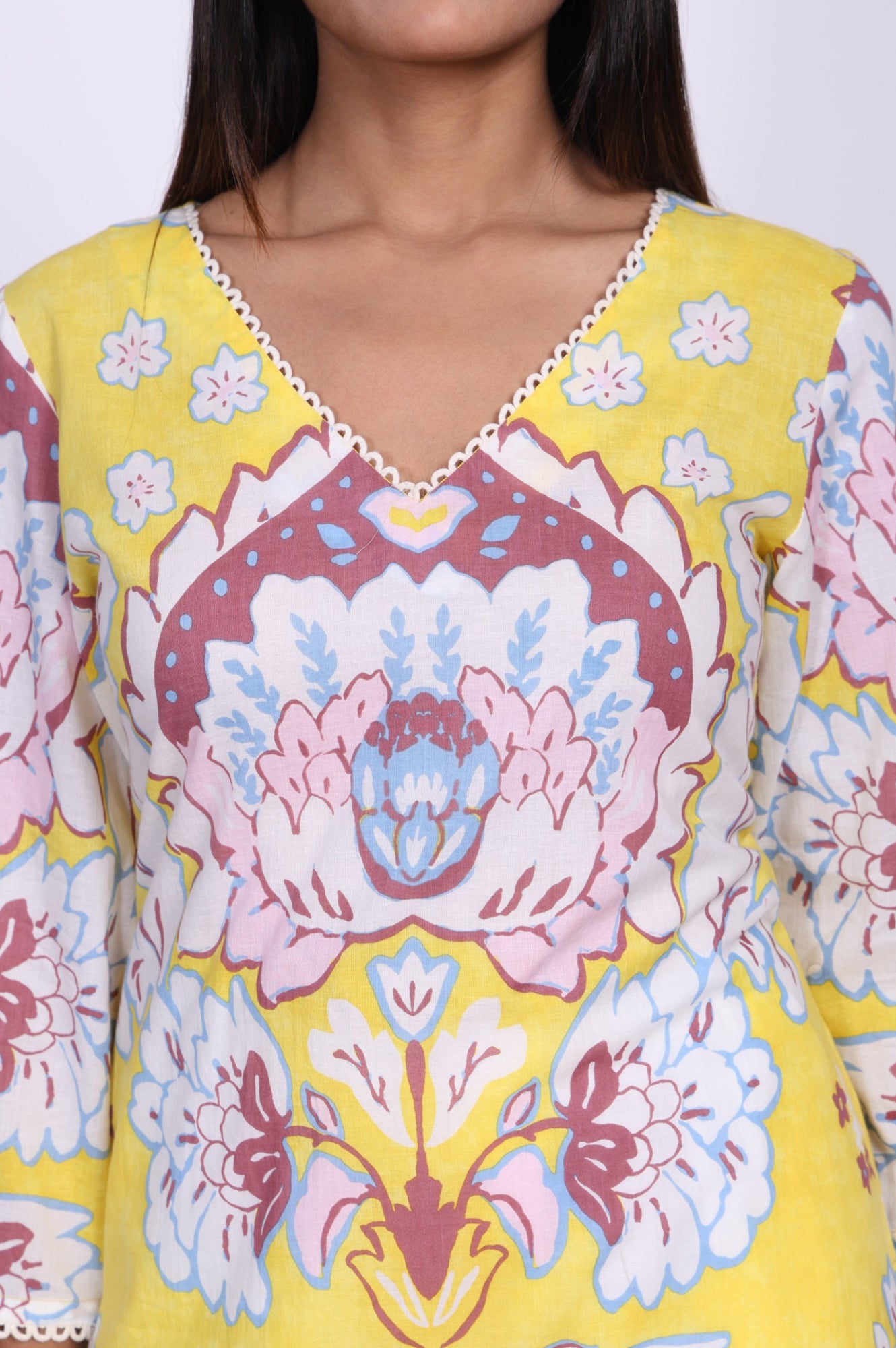 Yellow Floral Printed Lace Trim Pure Cotton Straight Kurta