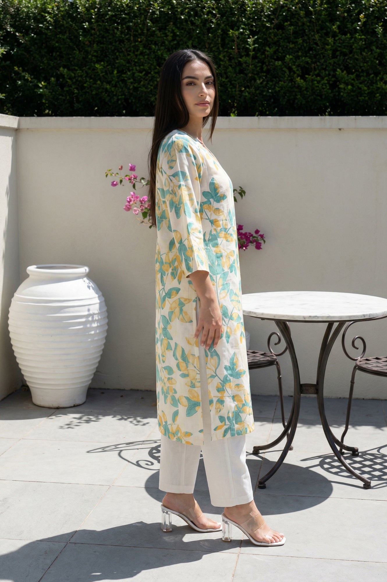 Off White Floral Printed Pure Cotton Straight Kurta