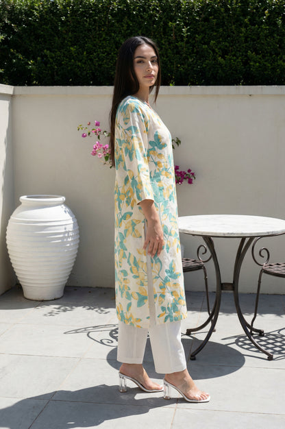 Off White Floral Printed Pure Cotton Straight Kurta