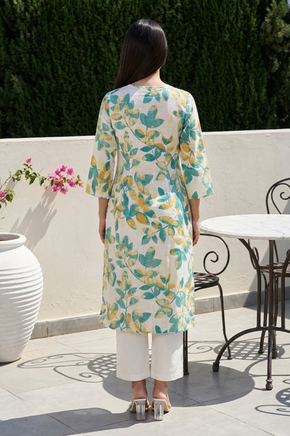 Off White Floral Printed Pure Cotton Straight Kurta