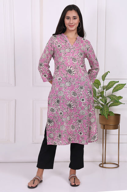 Pink Floral Printed Pure Cotton Straight Kurta