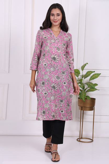 Pink Floral Printed Pure Cotton Straight Kurta