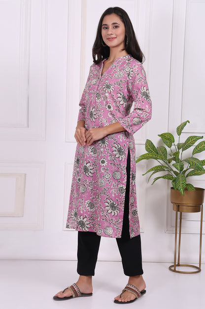 Pink Floral Printed Pure Cotton Straight Kurta