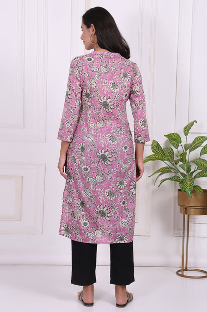 Pink Floral Printed Pure Cotton Straight Kurta