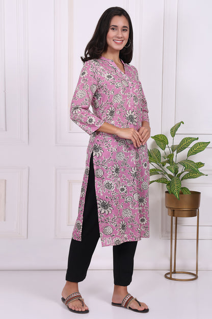 Pink Floral Printed Pure Cotton Straight Kurta
