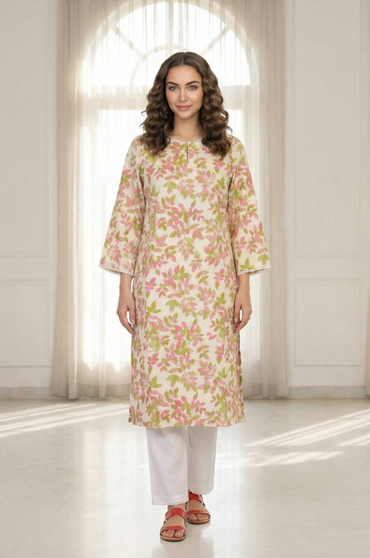 Off-White Floral Printed Pure Cotton Straight Kurta with Lace