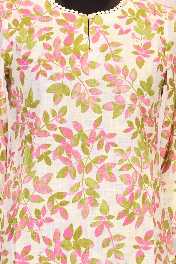 Off-White Floral Printed Pure Cotton Straight Kurta with Lace
