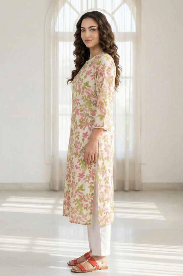 Off-White Floral Printed Pure Cotton Straight Kurta with Lace