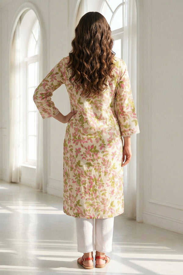 Off-White Floral Printed Pure Cotton Straight Kurta with Lace