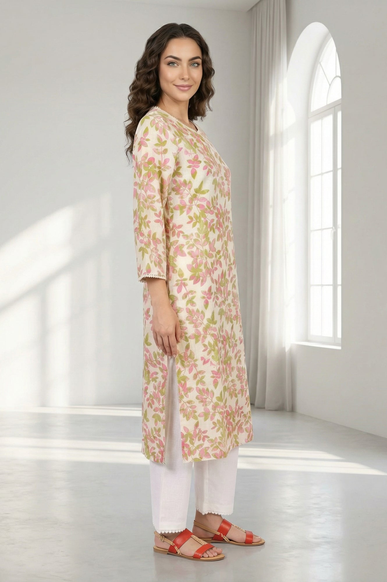Off-White Floral Printed Pure Cotton Straight Kurta with Lace