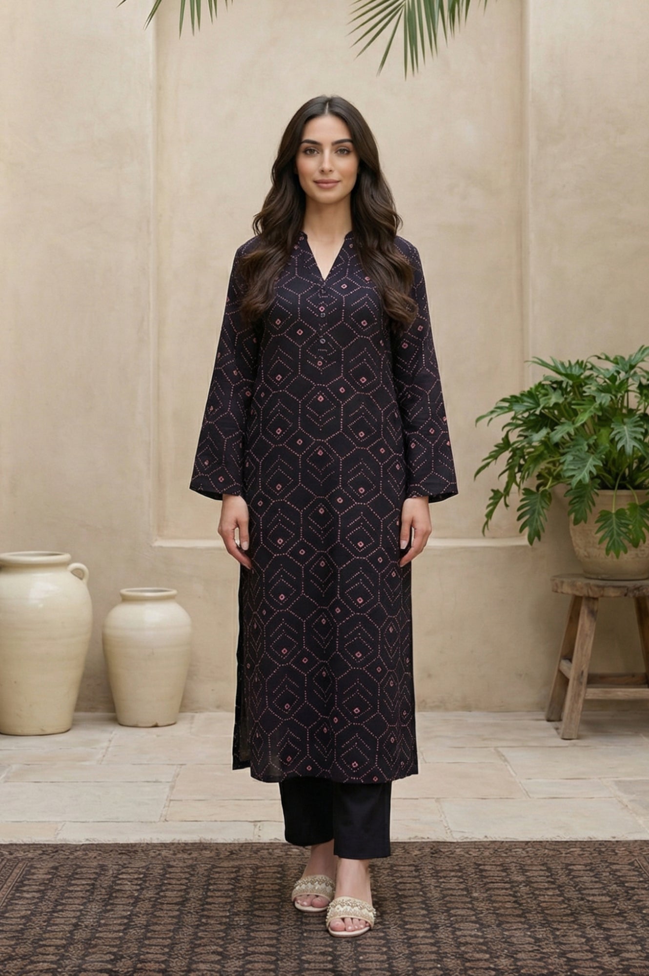 Black Geometric Printed Rayon Straight Kurta