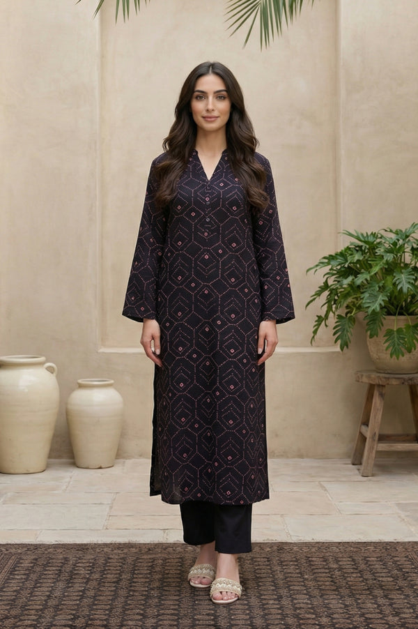 Black Geometric Printed Rayon Straight Kurta