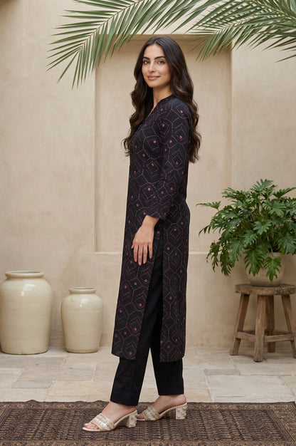 Black Geometric Printed Rayon Straight Kurta