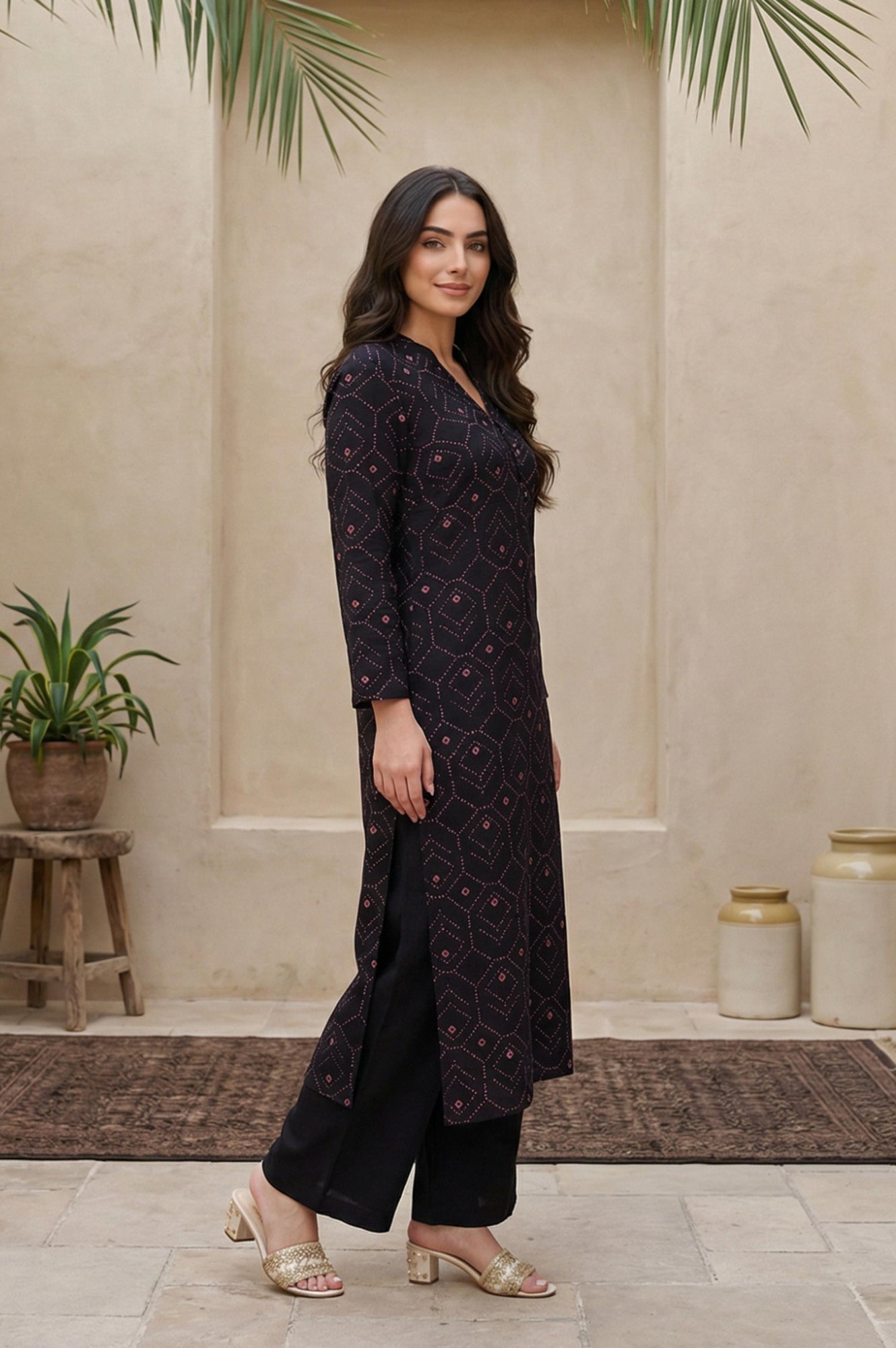 Black Geometric Printed Rayon Straight Kurta