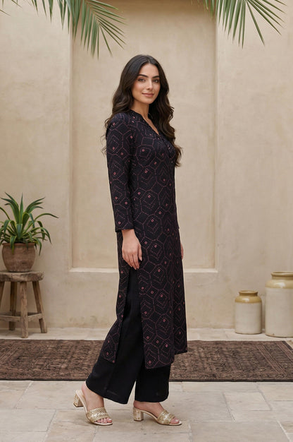 Black Geometric Printed Rayon Straight Kurta