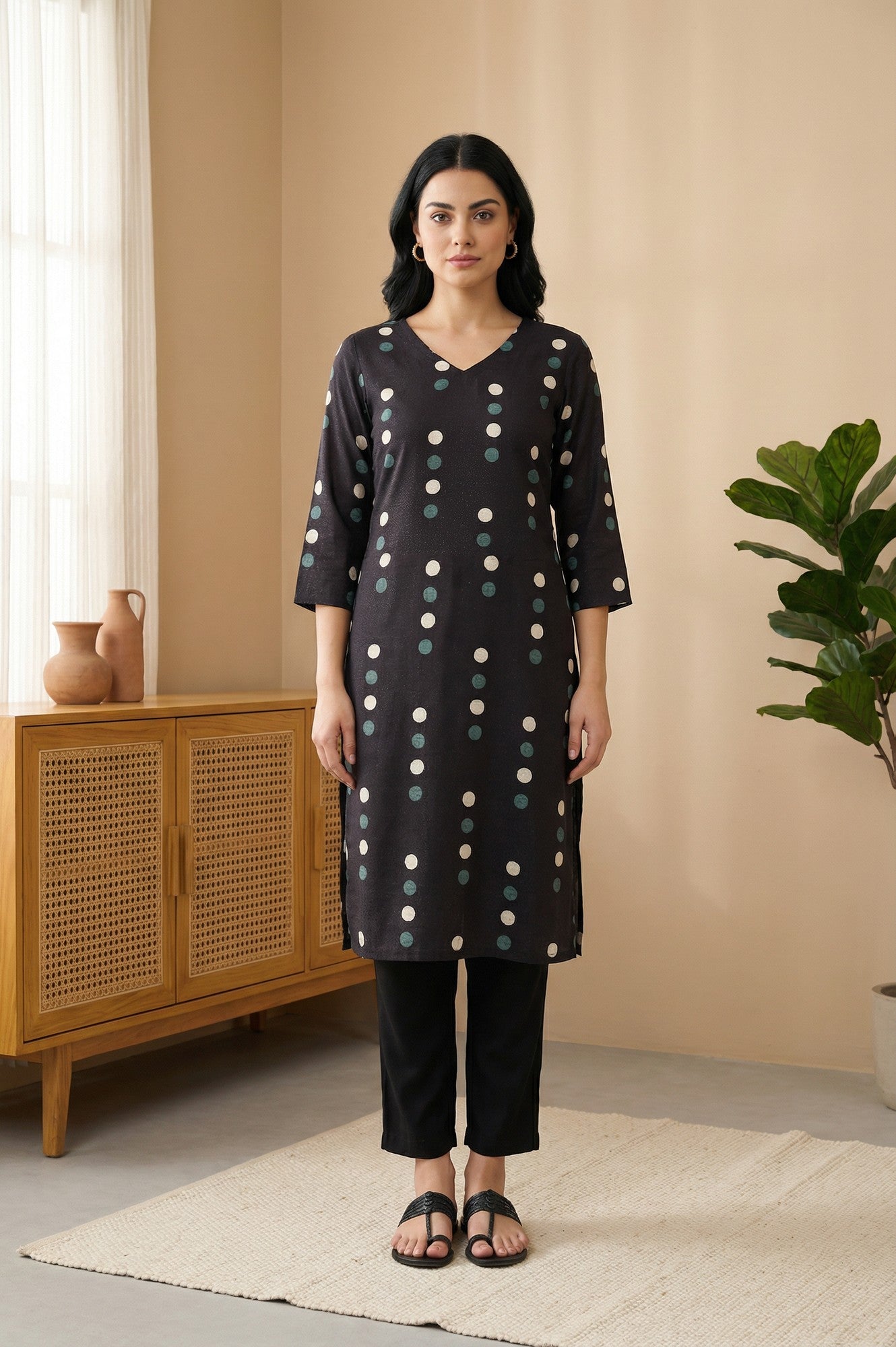 Black Polka Dots Straight Kurta